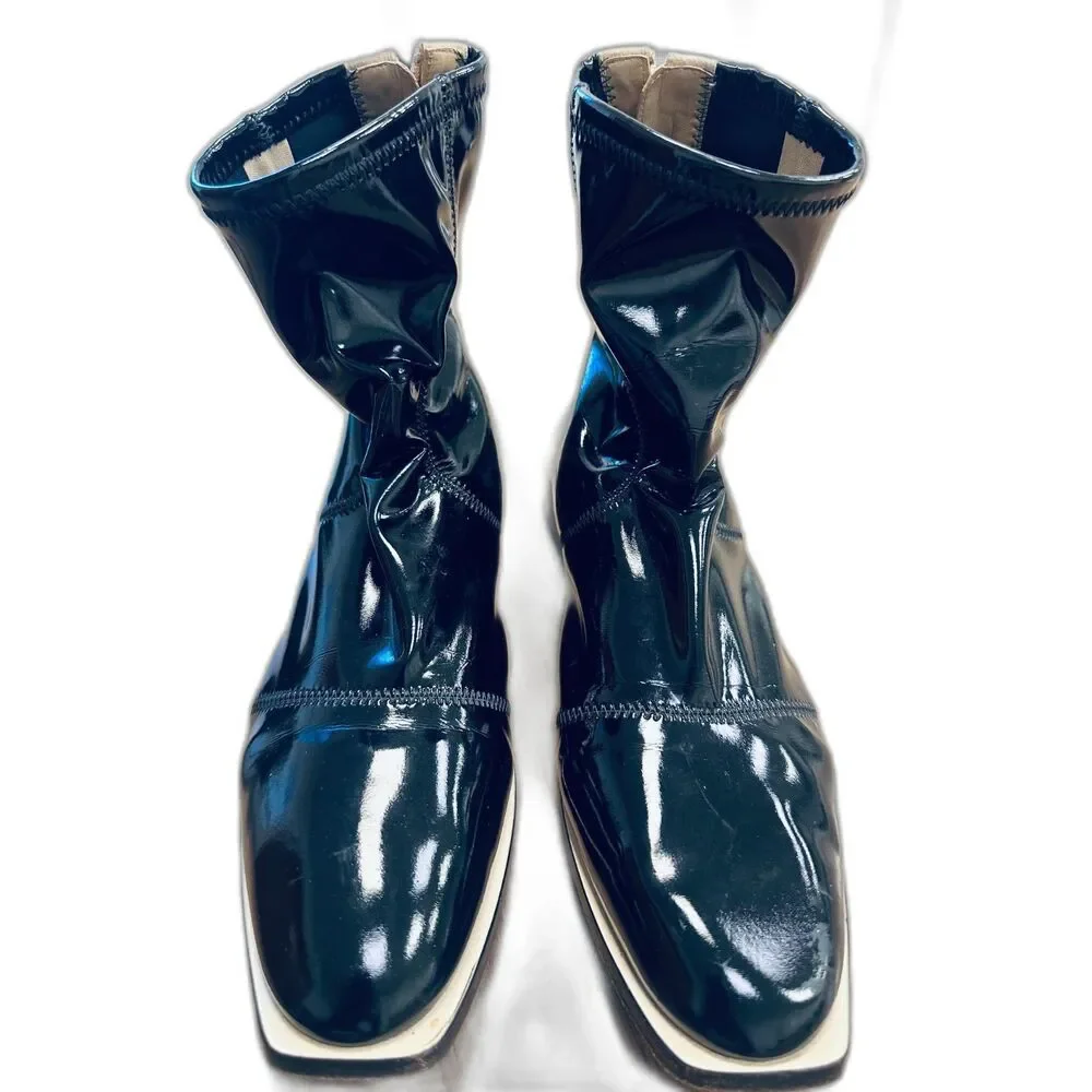 FENDI Fframe Patent Leather Neoprene Glossy Black Square Toe Ankle Boots Sz 10.5